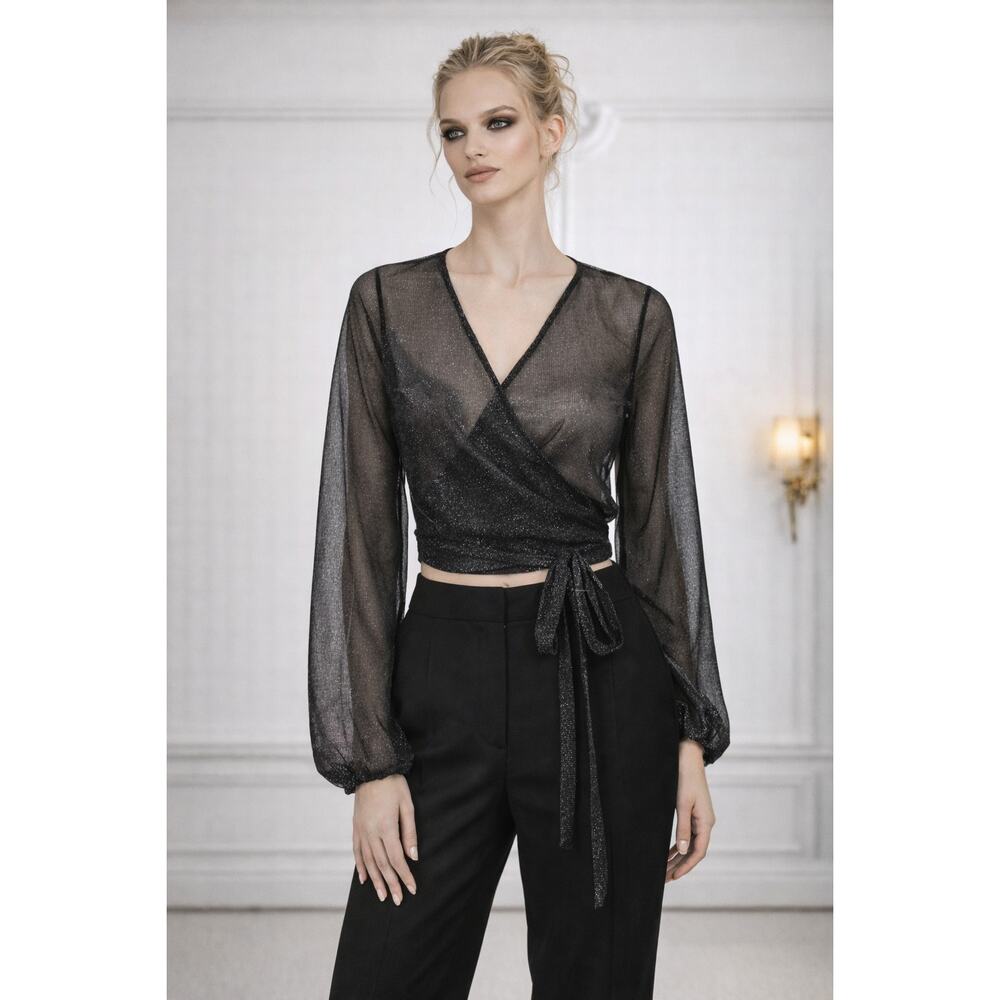 ✨ John John Sheer Metallic Mesh Wrap Top | V-Neck Tie Cover Blouse | Size S